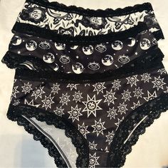 Morvia 3pk Lace Trim Goth Emo Panties M Skulls Stars Planets & Skulls Lingerie Black Gothic Bottoms With Skull Print, Goth Pajamas, Goth Pjs Skull Pants Pack, Skull Pants Pajamas, Scull Pajama Pants, Gothic Bras And Panties, Women's Intimates, Lace Trim, Planets