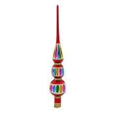 a tall red candle holder with multicolored designs on it's top and bottom