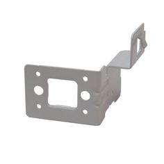 an aluminum bracket with two holes on the front and one hole in the back, for mounting