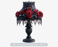 a black lamp with red roses on it and the shade is turned off to reveal an image