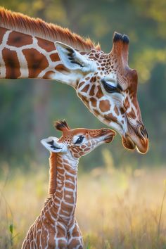 two giraffes that are standing in the grass