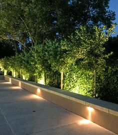 some lights that are on the side of a wall and trees in the back ground