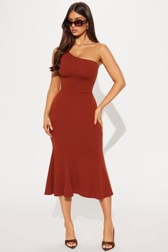 Available In Rust And Hunter. One Shoulder Midi Dress One shoulder Sleeveless Stretch Length = 45" 95% Polyester 5% Spandex Imported | Caryn One Shoulder Midi Dress in Rust size Medium by Fashion Nova One Shoulder Midi Dress, Dress One Shoulder, Rust Dress, Dress First, Fashion Nova, Rust, One Shoulder, Dress Outfits, Midi Dress