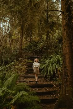 a woman walking up some steps in the woods with trees and ferns on either side