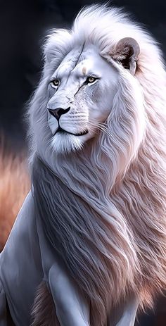 a white lion standing on its hind legs in front of a dark background with grass