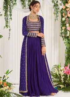 Indigo Blue Georgette Lehenga With Embellished Blouse & Cape Nidhika Shekhar - Fabilicious Fashion Modern Lehenga Designs, Blue Georgette Lehenga, Gathered Lehenga, Modern Lehenga, Full Sleeves Blouse Designs, Drape Sarees, Cape Set, Neckline Embroidery, Silk Cape