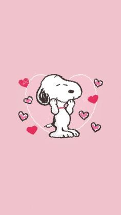 a pink background with a snoopy dog holding a heart shaped object in it's paws