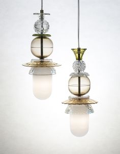 two pendant lights hanging from the ceiling