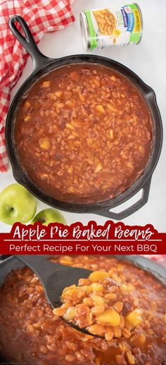 an apple pie baked beans recipe in a cast iron skillet with the title above it