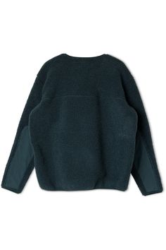 the back of a dark green jacket with black sleeves