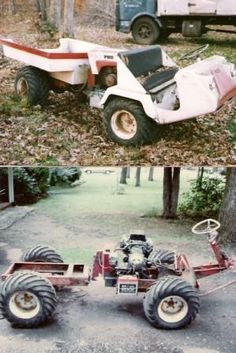 two pictures of an old car and a lawn mower in the same photo, one is being pulled by a tractor