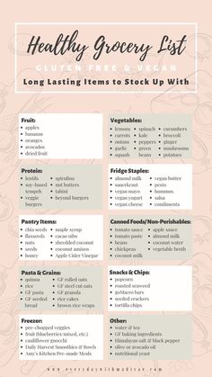 the healthy grocery list is shown in pink and white with text overlaying it