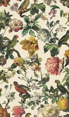 a wallpaper with birds, flowers and leaves in various colors on a white background