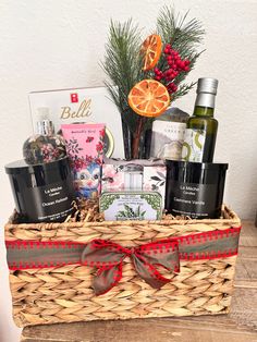 a wicker basket filled with personal care products