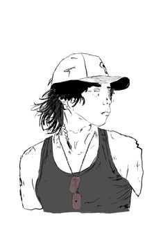 a drawing of a person wearing a baseball cap and tank top, with long hair