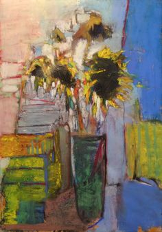 a painting of flowers in a vase on a table