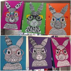 four different colored pictures of rabbits with glasses on them, one in the shape of a rabbit