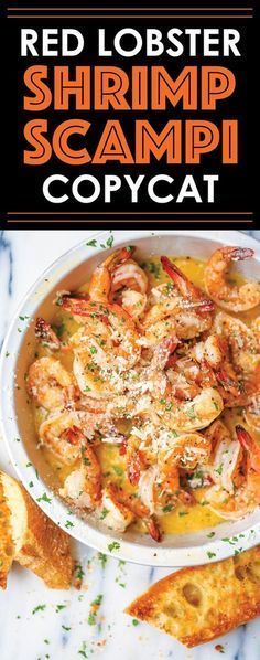 red lobster shrimp scampp copycat recipe in a bowl with bread on the side