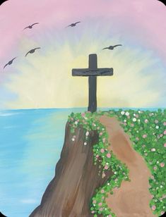 a painting of a cross on top of a hill overlooking the ocean with birds flying around