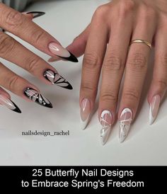 Embrace the freedom of spring with these 25 butterfly nail designs. From delicate accents to bold motifs, explore a variety of charming nail art ideas inspired by nature's fluttering beauties, perfect for welcoming the season with style. Butterfly White Nails, Glossy Black Nails, Leopard Print Nails Tutorial, Popular Nail Colors, Butterfly Nail Designs, Natural Acrylic Nails, Chrome Nail Art, Black Acrylic Nails, Leopard Print Nails