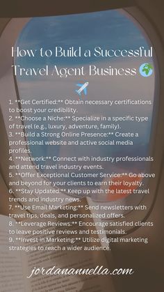 an airplane window with the words how to build a successful travel agent business