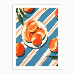 a painting of peaches on a striped tablecloth