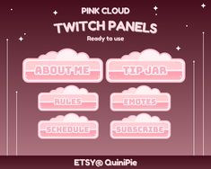 pink clouds with the words, twitch panels ready to use on each side