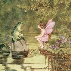 a fairy sitting on top of a rock next to a frog in the water with its wings