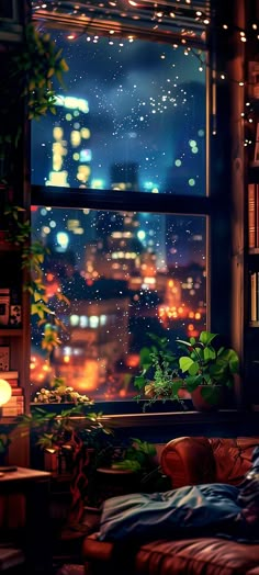 a room with a large window that has city lights in the background and plants on the floor