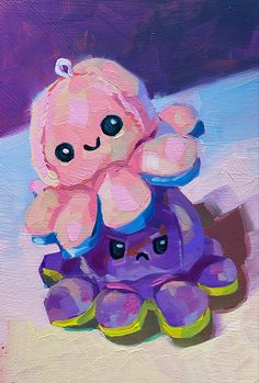 an oil painting of a pink teddy bear sitting on top of a purple object with black eyes