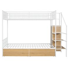 a white bunk bed with wooden drawers and shelves on the bottom level, against a white background