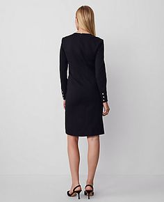 Elevate your wardrobe with the Ann Taylor Button Sheath Dress, a perfect blend of sophistication and style. This dress is designed to transition seamlessly from day to night, featuring a sleek black hue and smart button detailing.

- Size: Regular 4
- Color: Black
- Gender: Female
- Material: Shell - 66% Rayon, 30% Nylon, 4% Spandex; Lining - 100% Polyester
- Design: Crew neck, long sleeves with button cuffs, front flap button welt pockets
- Closure: Hidden back zipper with hook-and-eye
- Length Workwear Knee-length Dresses With Snap Buttons, Office Mini Dress With Button Closure, Knee-length, Black Buttoned Knee-length Mini Dress, Black Knee-length Dress With Button Closure, Non-stretch Medium Wash Button-up Dress, Button Dress, Sleeve Dresses, Black Button, Petite Dresses