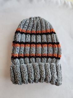 Knitted Handmade Hat cap soft Gray Black Orange Warm Gray Bonnet One Size Fits Most, Warm Gray Bonnet Cap, Black Knitted Beanie In Acrylic Yarn, Black Acrylic Yarn Beanie Cap, Black Acrylic Yarn Beanie, Black Soft Knit Cap, Knitted One Size Bonnet, Black Knitted Bonnet One Size, Black Knitted Bonnet, One Size Fits Most