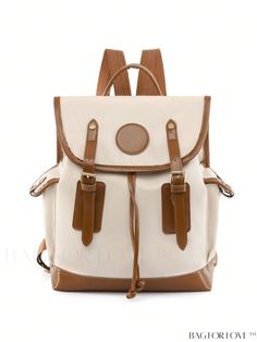 BagForLove - Medium Colorblock Flap Backpack with Stylish Buckle Decoration Beige Canvas Satchel Backpack, Beige Satchel Backpack With Large Capacity, Beige Leather Backpack With Adjustable Strap For Errands, Beige Leather School Backpack Shaped As Shoulder Bag, Beige Leather Shoulder Backpack For School, Trendy Beige Travel Backpack, Beige Shoulder Bag Backpack For Travel, Cream Leather Backpack With Adjustable Strap, Beige Travel Backpack Shaped As Shoulder Bag