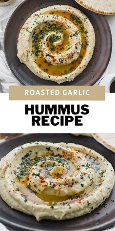 hummus recipe with roasted garlic in the middle