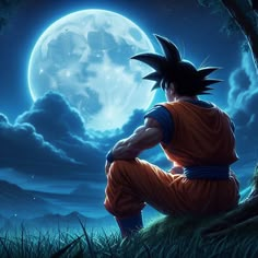 a man sitting on the ground in front of a full moon with his hands behind his back