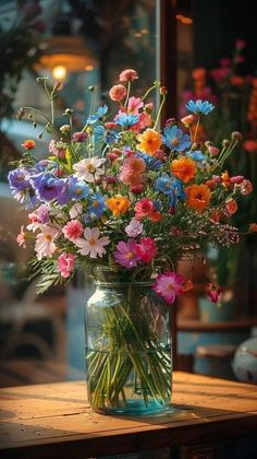 a vase filled with lots of colorful flowers