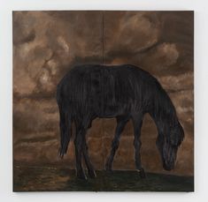 a painting of a black horse in front of a brown sky with clouds above it