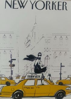 a drawing of a woman crossing the street in front of a taxi cab with new york written on it