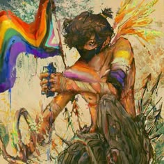 a painting of a man holding a rainbow flag and sitting on the ground with his arms crossed