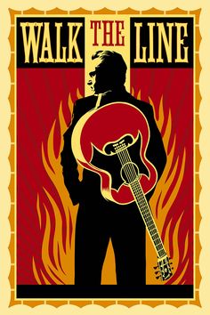 a poster with a man holding a guitar in front of a fire background that says walk the line