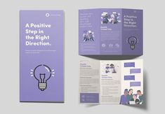 a purple brochure with an image of two people in the light bulb on it