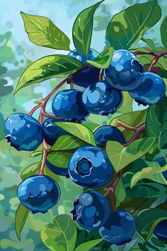 blueberries on a branch with leaves and water in the background, digital painting style