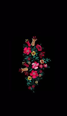 a black background with colorful flowers and birds in the center on top of each other