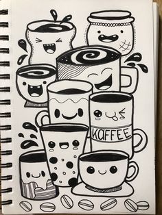 a drawing of coffee mugs with faces on them