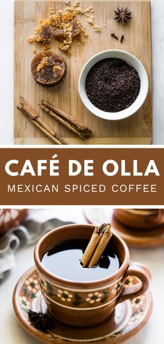 the mexican spiced coffee is served with cinnamons and cloves on top