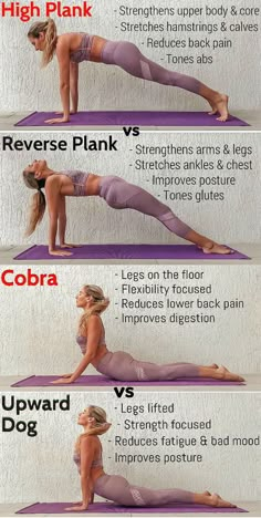 a woman doing yoga poses with the words cobra and upward planks on each side