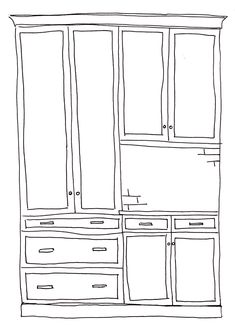 a black and white drawing of an armoire with drawers on one side and two doors on the other