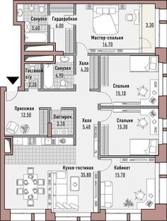 the floor plan for an apartment with three bedroom and two bathroom areas, including one living room