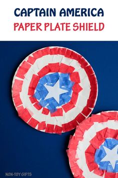 captain america paper plate shield craft for kids with text overlay that reads, captain america paper plate shield